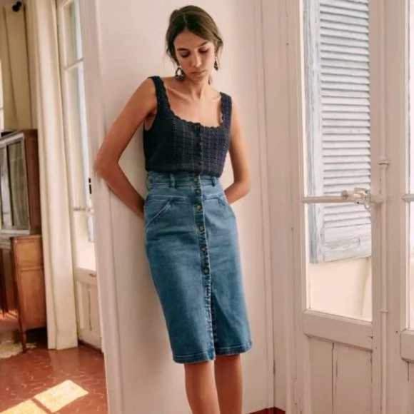 Sezane Jona Skirt in Light Blue Denim - Picture 1 of 16